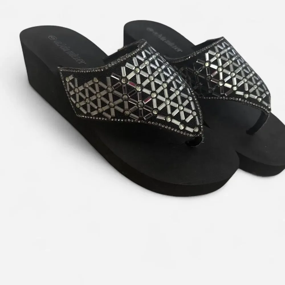 Black wedge sandals with silver